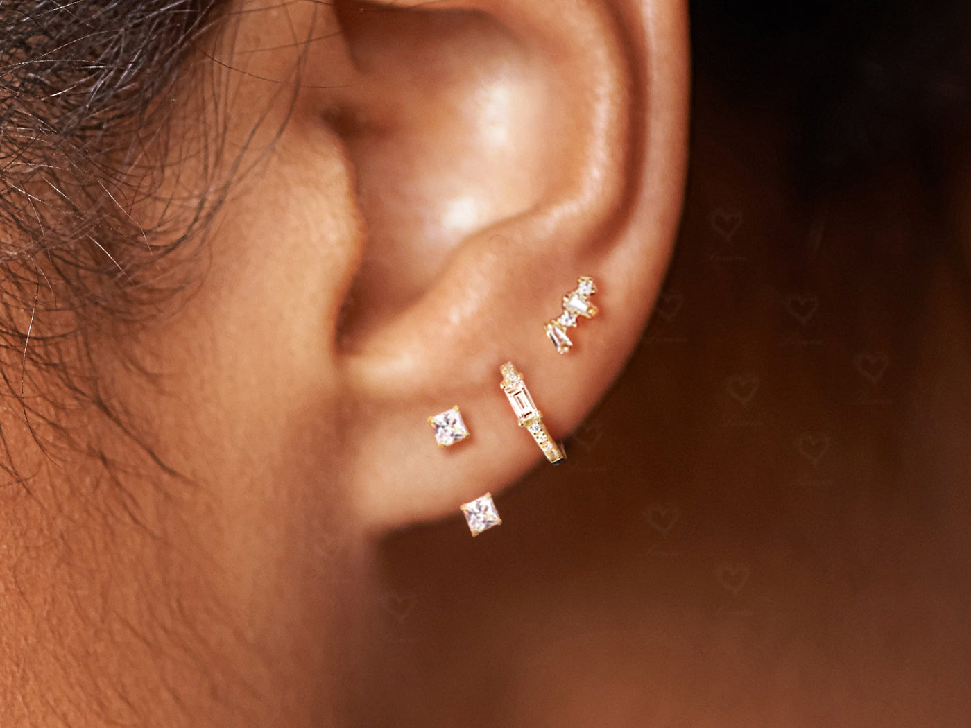 Geometric Earring Set for multiple piercings on model